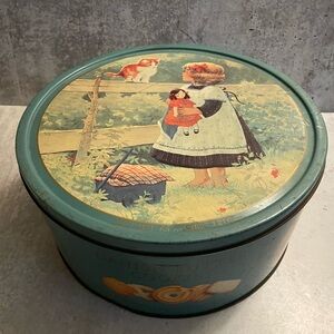 Vintage Danish Butter Cookie Tin w/ Lid Girl Doll Kitten Wagon Cottage Core 10”